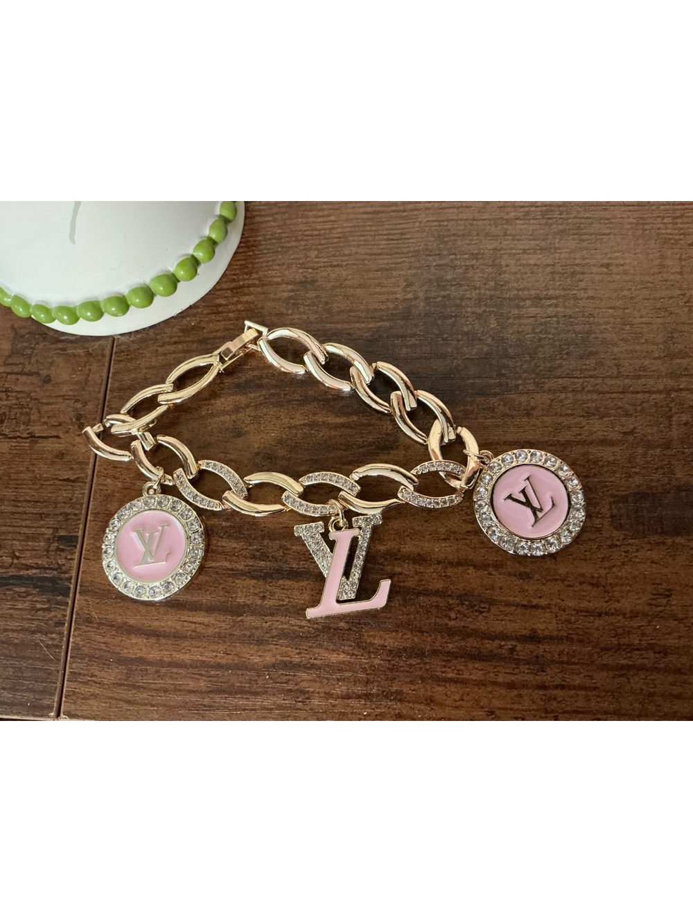 LV Goldtone and Rhinestone Upcycled Zipper Pull/Charm Bracelet